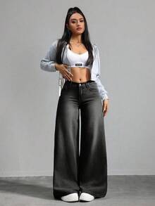 SHEIN Tall CURVE 加大码女式浅蓝色宽松牛仔裤夏季度假女士俱乐部办公室女士乡村音乐会狂欢巡航女式垃圾摇滚高腰牛仔裤 - 黑色 - 查看 3