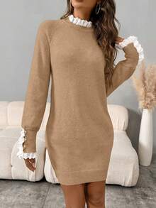 EMERY ROSE Women's Casual Lace Collar Raglan Sleeve Knitted Dress, Autumn/Winter - Khaki - View 2