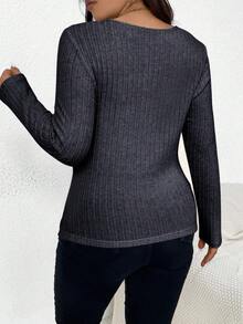 SHEIN Frenchy T-shirt côtelé à encolure en cœur en velours à manches longues plissées et coupe slim pour femmes grande taille - Gris pâle - Voir 2