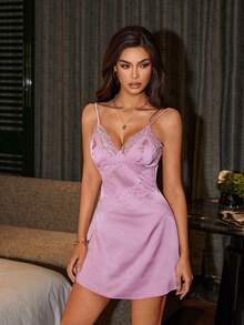 Seduluxe Slumberist sexy Spitzen-Patchwork Damen Nachthemd mit V-Ausschnitt - Altrosa - Übersicht 5