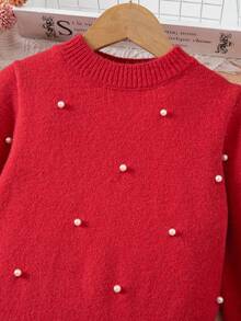SHEIN Girls' Retro Straight Pearl Elegant Knit Dress, Red Round Neck Beaded Sweater Dress Suitable For Home, Outings, Parties, Back To School Autumn And Winter Young Girls Dressse Girls  Autumn French Style Dress - Red - View 6