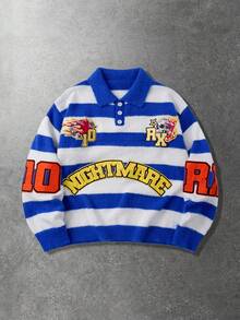 ROMWE MEN Men's Preppy Embroidered Graphic Striped Long Sleeve Sweater, Winter - Blue - View 1