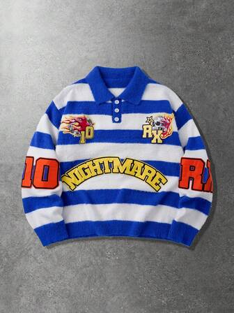 Street Life Men's Preppy Embroidered Graphic Striped Long Sleeve Sweater