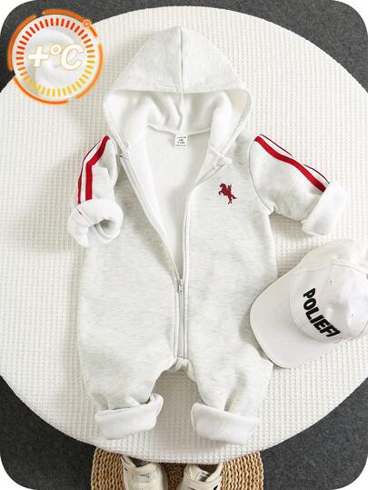 SHEIN Baby Boys Grey Thermal Lined Thick Knit Hooded Jumpsuit, Pony Print, Loose Fit, Soft, Zipper, Versatile For Home & Outdoor, Autumn/Winter Baby Boy Fall Newborn Zipper Suit Baby Tracksuit Baby Sportswear Baby Sweat Suit Baby Casual Zipper Jumpsuit