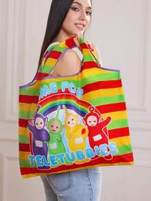 Teletubbies X SHEIN 1pc Cute Cartoon Character Printed Foldable Shopping Bag, Tote Bag With Attached Pouch Bag With Beaded Chain, Can Be Hung On Bags, Tinky Winky, Dipsy, Laa-Laa, Po