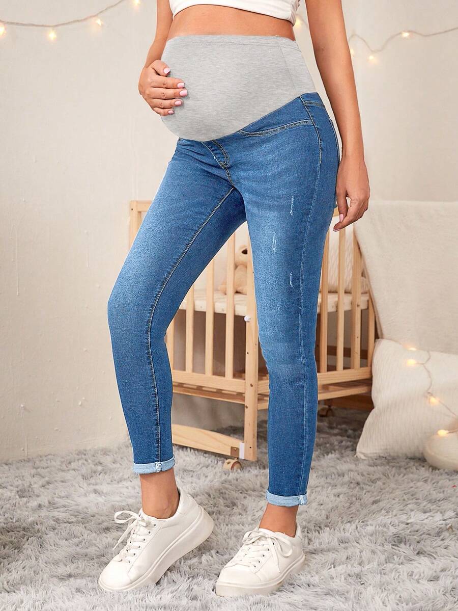 SHEIN Spodnie ciążowe z wysokim stanem i dopasowanym krojem, modne, w blokach kolorów, casualowe, jeansowe - Średni jeans - Zobacz 1