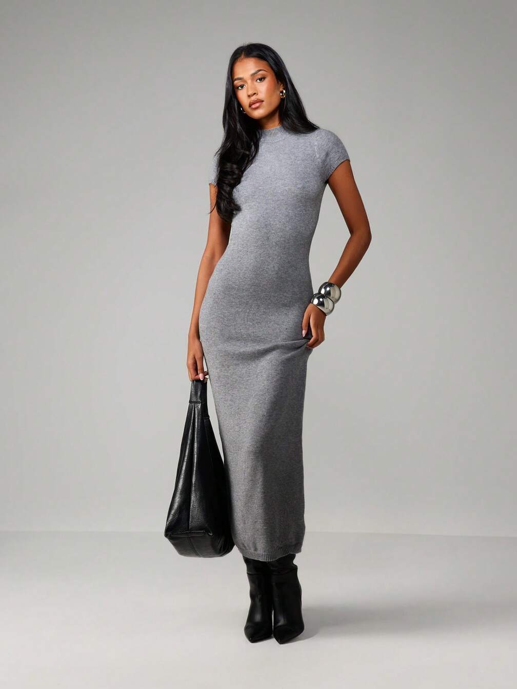 missguided grey dress Ribbed Knit Maxi With Cap Sleeves And High Neckline For Fall Winter,M AUG25WK1
