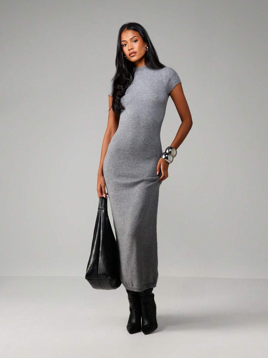 MISSGUIDED Ribbed Knit Maxi Dress With Cap Sleeves And High Neckline For Fall Winter - Dark Grey - View 1