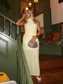 salliqueen Summer Beach Vacation Solid Light Yellow Bow Halter Neck Suit Vest Suit Skirt Suit, Suitable For Daily Dating, Night Out, Nightclubs, Parties, Get-Togethers, Cocktail Parties, Pool Parties, Back-To-School Season Clothes, Back-To-School Season Dresses, Holiday Dresses, Music Festival Clothes, Country Music Festival Clothes, Concert Clothes - Mustard Yellow - View 6