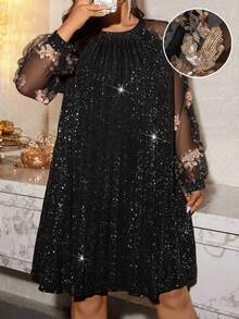 Cravure Christmas Plus Size Women Floral Sequin Mesh Raglan Sleeve Loose Fashion Dress - Black - View 1