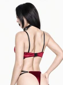 ROMWE Goth 哥特式天鹅绒蝙蝠翼十字架吊坠钢圈文胸和丁字裤内衣套装 - 酒紅色 - 查看 6