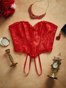PinupPomp Vintage Floral Gathered Shaping Bustier With Boned Ruffle Collar And Back Tie - Red - View 4