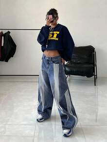 SHEIN Tall Women's Striped Belt Loop Loose Fit Jeans - Blue - View 3