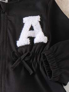 Chaqueta con capucha de manga larga con estampado de letras y decoración de lazo, estilo minimalista para niñas bebé - Negro - Ver 7