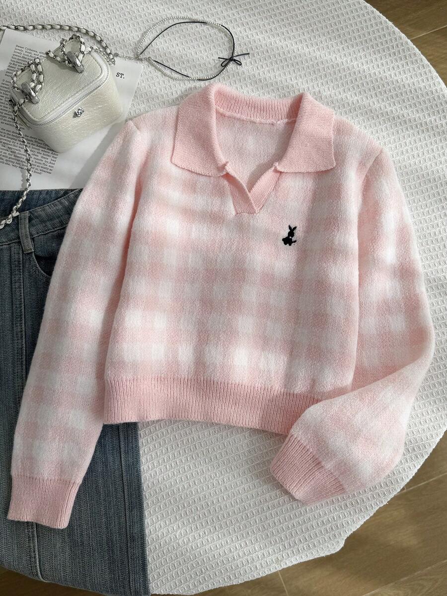 SHEIN 少女粉色V领长袖针织毛衣，优雅刺绣图案，舒适百搭 - 粉色 - 查看 1