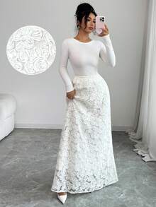 Rafferiza Falda versátil de malla blanca de alta gama con diseño floral 3D tejido de estilo minimalista otoñal de Uhlyne, adecuada para ir al trabajo, citas, oficina, iglesia, vuelta al colegio, profesores - Blanco - Ver 1