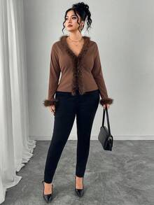 Modelyn Plus Size Elegant & Chic Fuzzy V-Neck Patchwork Flare Sleeve Casual Knit Pullover Top Versatile For Autumn/Winter - Coffee Brown - View 7