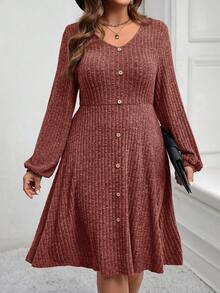 EMERY ROSE Plus Size Women's Lantern Sleeve Textured Button Decor Midi Dress,Fall Women Clothes New Year Clothes  Clothes For New Year Christmas Clothes  Party Dress Winter Clothes For Women Cozy Fall And Winter Clothes For Women