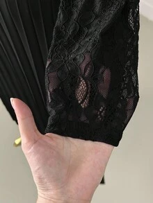 DreamSkyne Plus Size Women Lace Single-Breasted Long Sleeve Top And Pleated Midi Skirt Elegant Set - Black - View 7