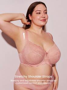 LUVLETTE Plus Full Coverage Breathable Unlined Lace Elegance & Mesh Keyhole Detail Lingerie Lounge Curve  Sheer Minimizer Bridal Intimates Bra - Dusty Pink - View 4