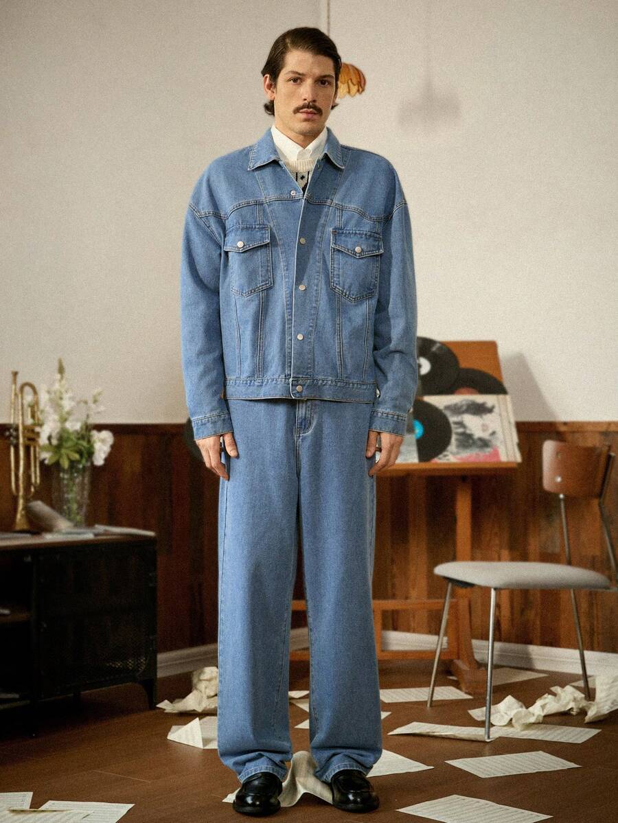 RivetRise Men's Blue Autumn Streetwear City Break Denim Jacket And Pants Set,Casual Single-Breasted Long Sleeve OVERSIZE Vintage Washed Urban Cargo Overalls - Blue - View 1