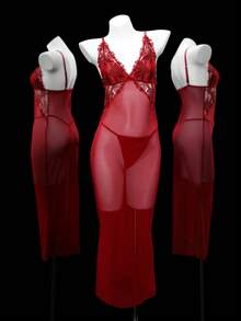 2pcs Vintage Elegant 3D Embroidered Sheer Sexy Lingerie Dress And G-String Set, Christmas - Burgundy - View 7