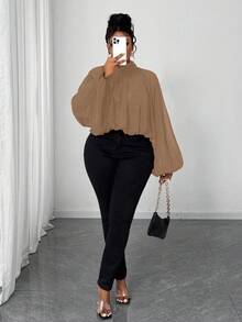 Maweii Plus Size Elegant Solid Color Pleated Lantern Sleeve Blouse, Autumn - Khaki - View 4