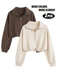 Airaco 2pcs/Set Retro American Style Half-Zip Niche Sweatshirt - Multicolor - View 1