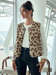 SHEIN Essnce Plus Size Winter Clothes For Women Business Casual Woman Women Leopard Print Single Breasted Sherpa Vest Jacket, Autumn/Winter Jacket Fur Coat Women - Khaki - View 1