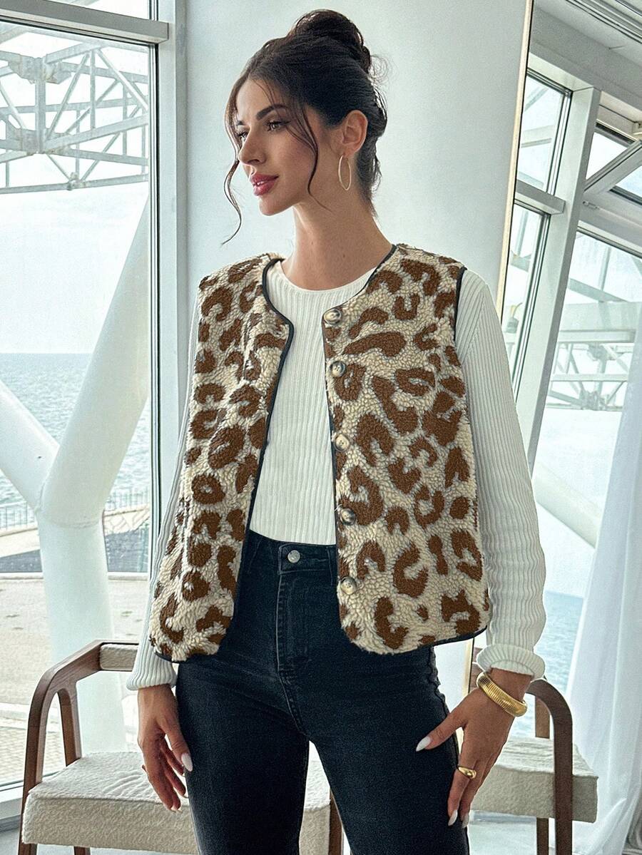 SHEIN Essnce Plus Size Winter Clothes For Women Business Casual Woman Women Leopard Print Single Breasted Sherpa Vest Jacket, Autumn/Winter Jacket Fur Coat Women - Khaki - View 1
