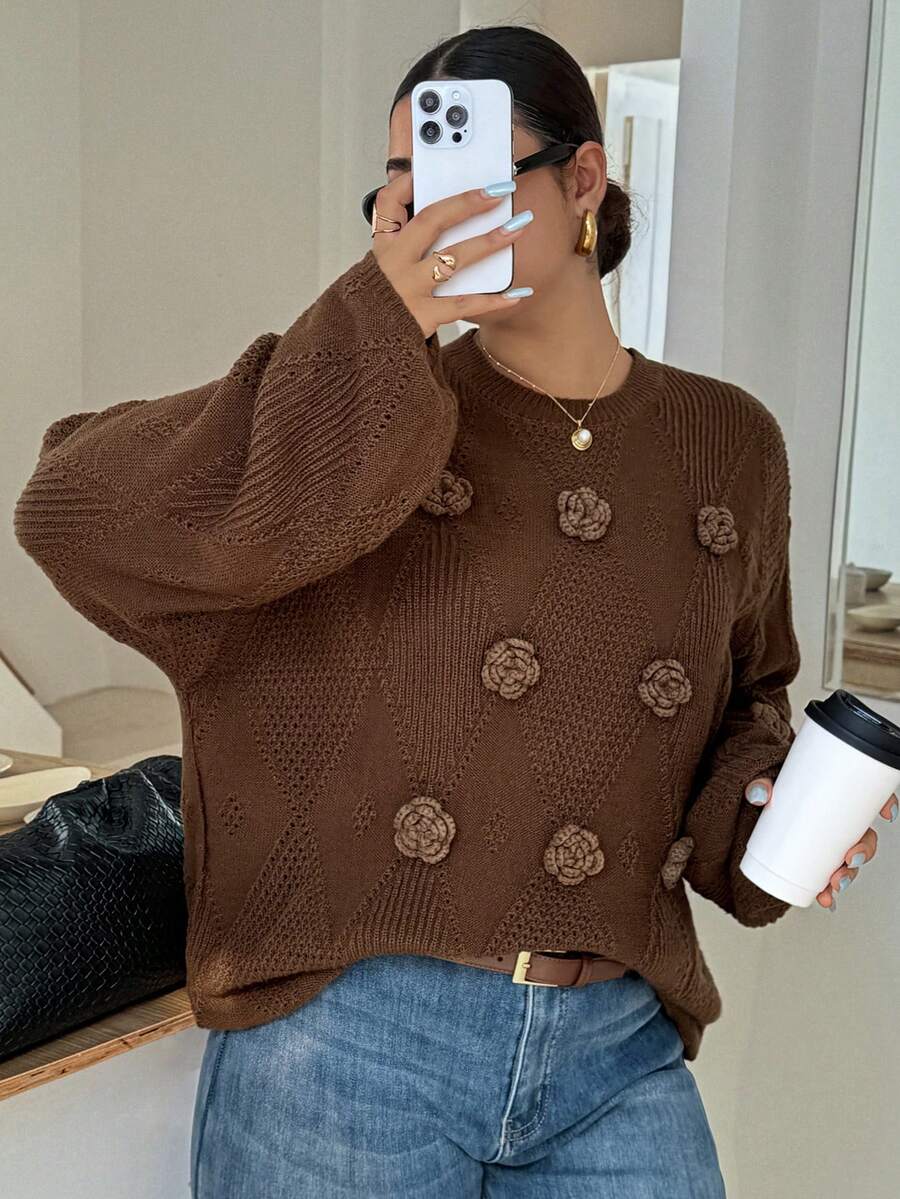 Dazy Plus Fashionable Casual 3D Floral Decor Knitted Diamond Pattern Loose Crew Neck Plus Size Sweater For Women, Autumn/Winter - Brown - View 1