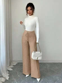 Selianne 女式高腰抽绳宽松奢华仿羊毛针织阔腿裤 - 卡其色 - 查看 3