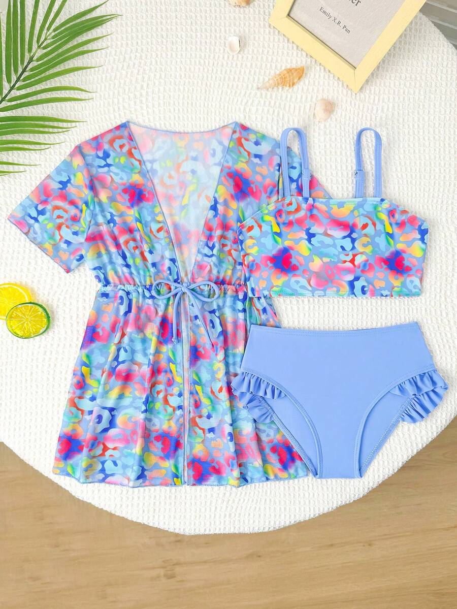 Young Girl V-Neck Short Sleeve Casual Allover Print Summer Bikini With Ruffled 3 Pieces Set Summer Girls Sets Summer Two Pieces Sets Teens Swim Suit 3pcs Set Bikini With Sarong Skirt Girls Matching Sets Vacation Girls Three Piece Swimsuit Summer Two Piece Set Teens Swim Suit - Multicolor - View 1
