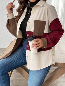 SHEIN LUNE Plus Size Women Corduroy Patchwork Dropped Shoulder Long Sleeve Single-Breasted Loose Shirt - Multicolor - View 4