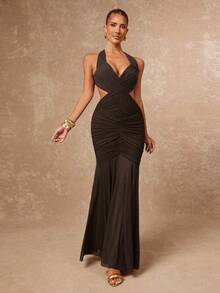 Lumalex Mesh Patchwork ausgestellter Rock durchsichtig geraffte komplexe Struktur Trägerkleid mit offenem Rücken für Frauen