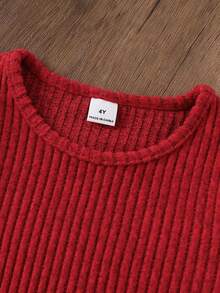 SHEIN طقم ملابس علوية كتف منفوشة ذات أكمام منتفخة مع تفاصيل مجعدة باللون الأحمر مع تنورة منقوشة بنمط الكشمير الأحمر والأبيض لمناسبات الأعياد للبنات - الأحمر - مشاهدة 7
