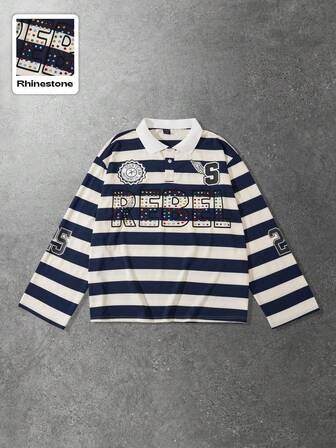 Street Life Chemise polo à manches longues oversize à rayures scintillantes avec diamants pour hommes