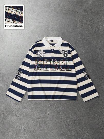 Street Life Men's Sparkling Diamond Striped Loose Fit Long Sleeve Polo Shirt