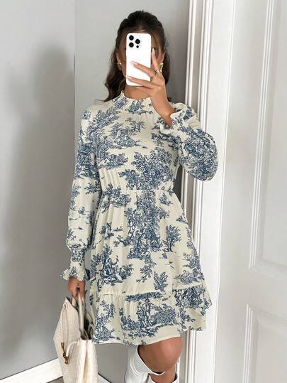 SHEIN LUNE 复古花卉印花休闲宽松优雅通勤连衣裙，立领，泡泡袖，荷叶边下摆，A 字廓形，长袖，秋冬