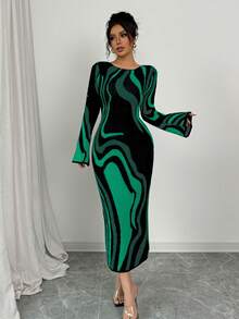 Elenzga 女式撞色圆领喇叭袖优雅针织紧身连衣裙 - 綠色 - 查看 3