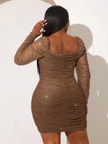 SHEIN SXY Plus Size Women Square Neck Ruffle Trim Contrast Color Long Sleeve Mesh Bodycon Dress, Autumn - Coffee Brown - View 2