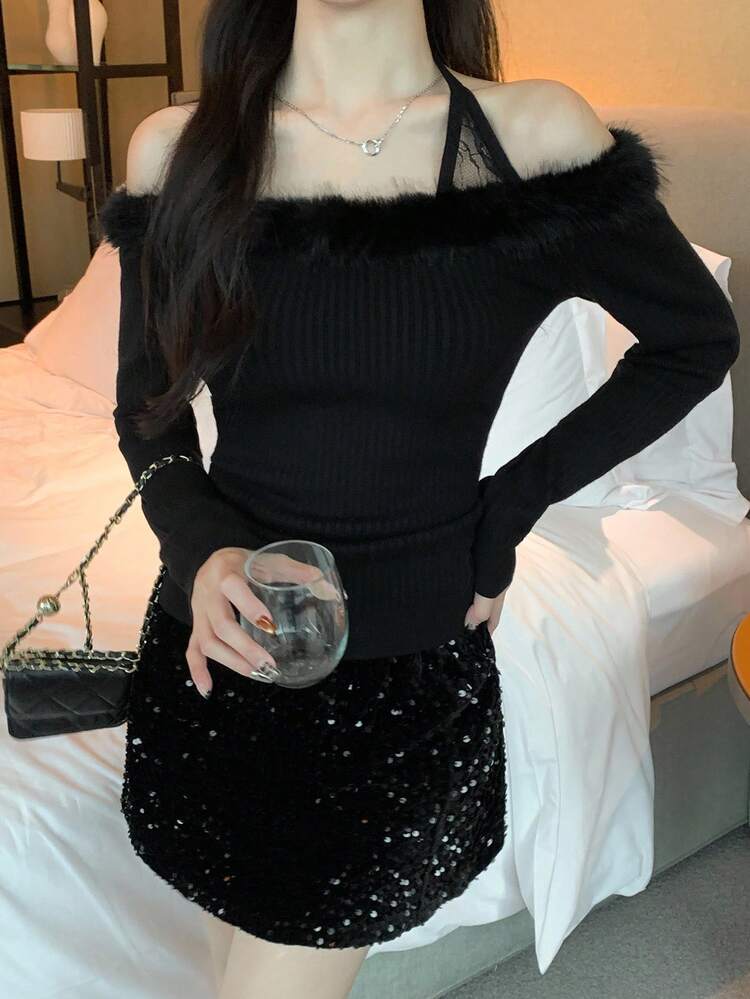 Elegant Lace Patchwork Knitted Sweater For Women, Autumn/Winter