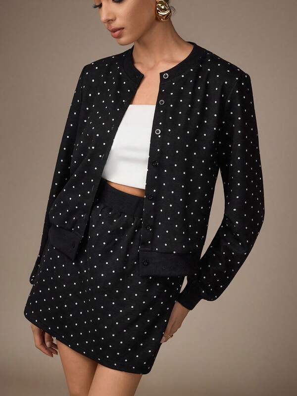 NOVVYNE Damen Vintage Schwarz & Weiß Polka Punkt Jacquard Strick Rundhals Langarm Slim Fit Outfit, stilvolle Herbstmode