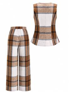 Ellevyn Sleeveless Top And Pants Minimalist Commuter Elegant Linen-Feel 2-Piece Set Plaid Two Piece Set Two Piece Sets Woman Classy,Elegant Women's Set - Brown - View 5
