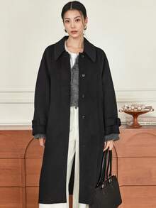 Dazy-Less 女士优雅时尚厚款长款羊毛混纺大衣，商务休闲，秋冬