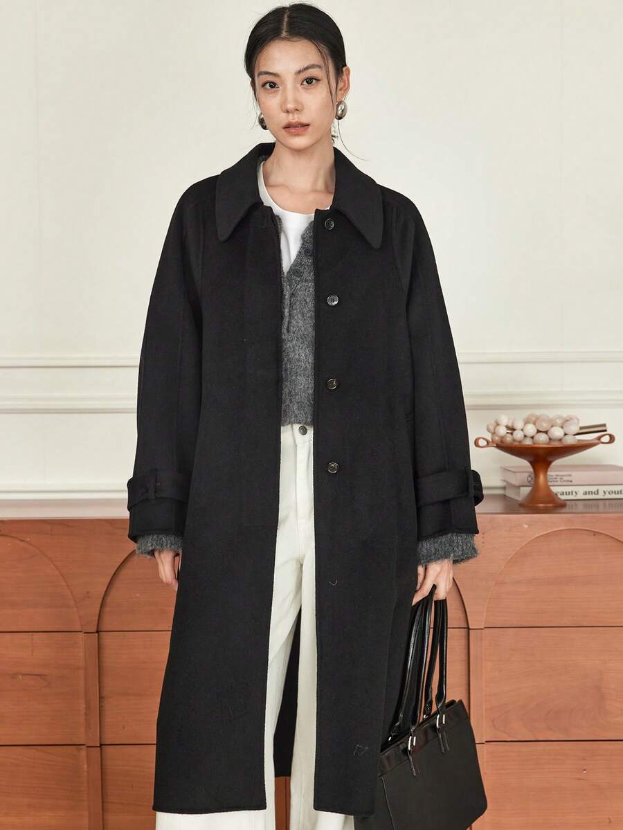 Dazy-Less 女士优雅时尚厚款长款羊毛混纺大衣，商务休闲，秋冬
