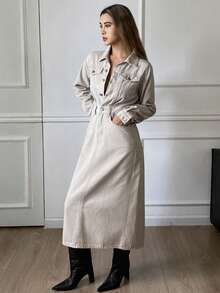 DAZY Women's Casual Washed Denim Dress, Autumn - Beige - View 6