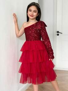 SHEIN Vestido formal con decoración de lazo y hombro oblicuo elegante para niña preadolescente, adecuado para fiestas y banquetes - Rojo - Ver 6