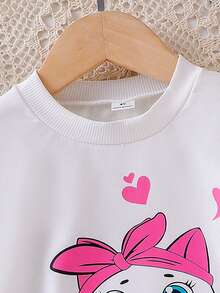 小女孩可爱日常穿搭，猫咪印花发箍，圆领长袖白色上衣，粉色爱心印花黑色裤子，儿童秋季休闲装 - 白色 - 查看 6