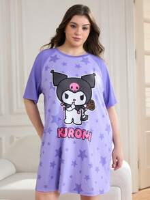 HELLO KITTY AND FRIENDS | SHEIN 大码夏季休闲卡通图案插肩袖睡裙 - 紫色 - 查看 5